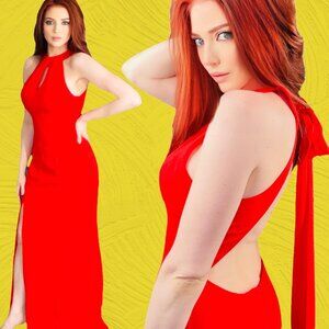 Terani Couture Red High Slit Halter Open Back Tie Bow Formal Gown / Prom Dress 0